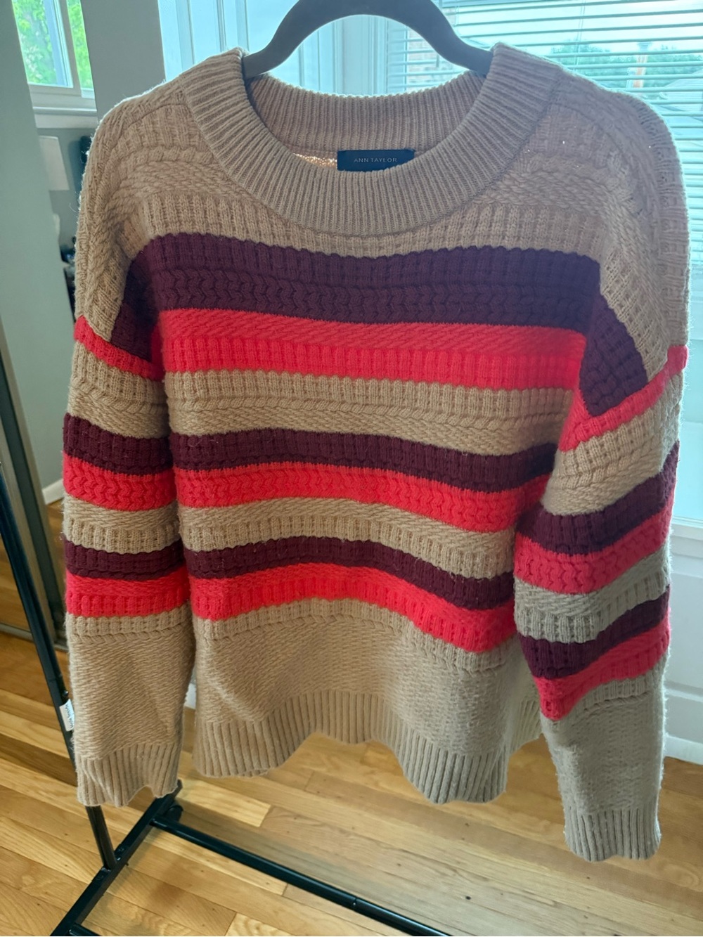 Ann Taylor Beige Crewneck Sweater with Pink & Burgundy Stripes